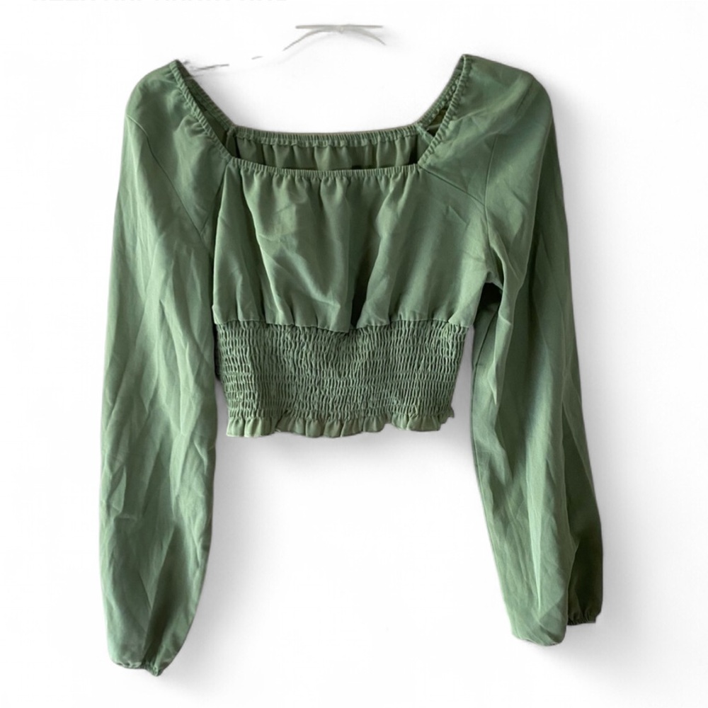 SHEIN SQUARE NECK LONG SLEEVE ELASTIC WAIST LIGHT GREEN CROPPED BLOUSE SMALL